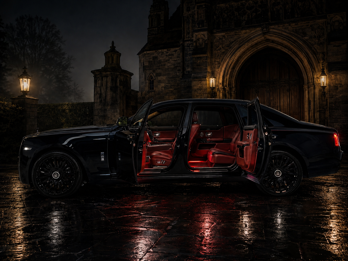 Black-on-black Rolls-Royce Ghost with blood-red interior, doors open at night